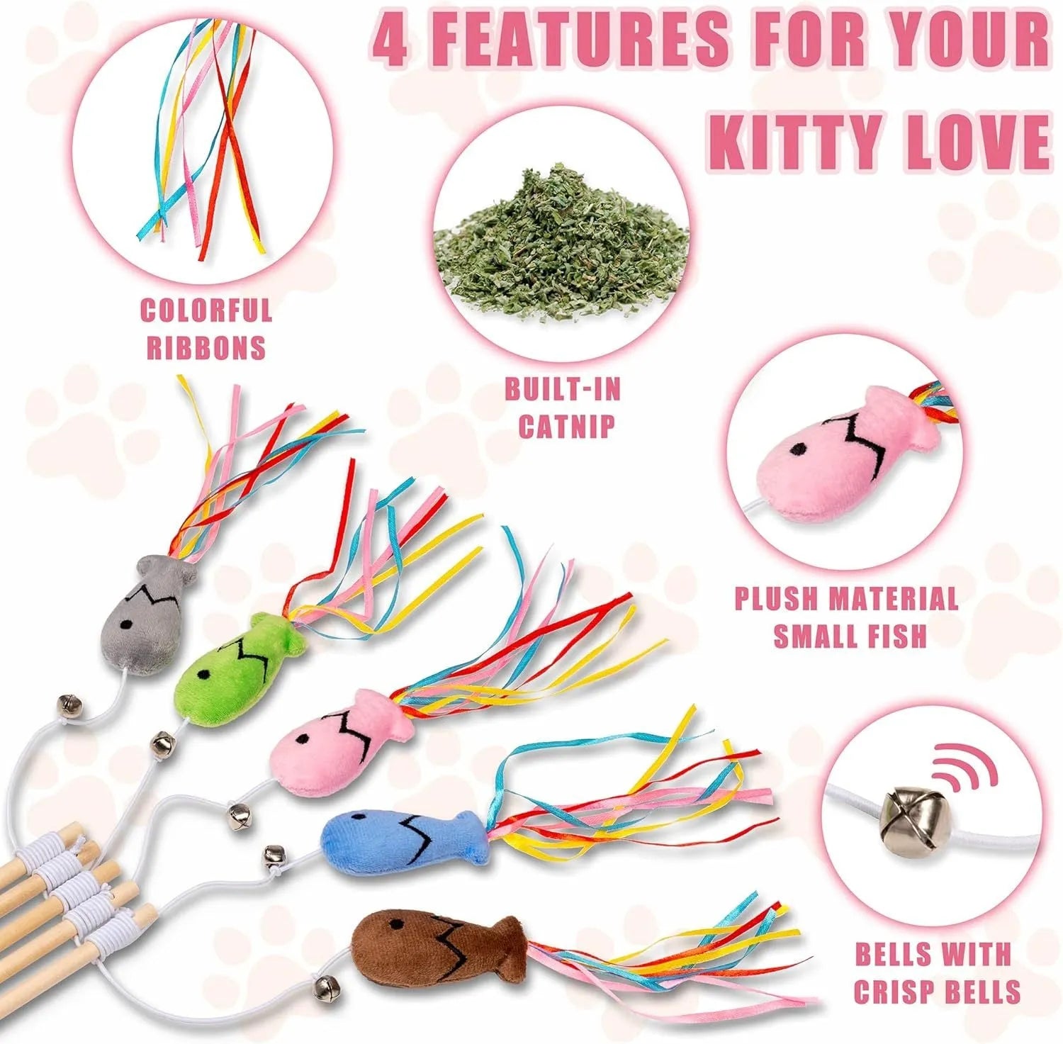 Blue cat wand toy with catnip fish, colourful ribbons, bell and a wooden handle on a white background.