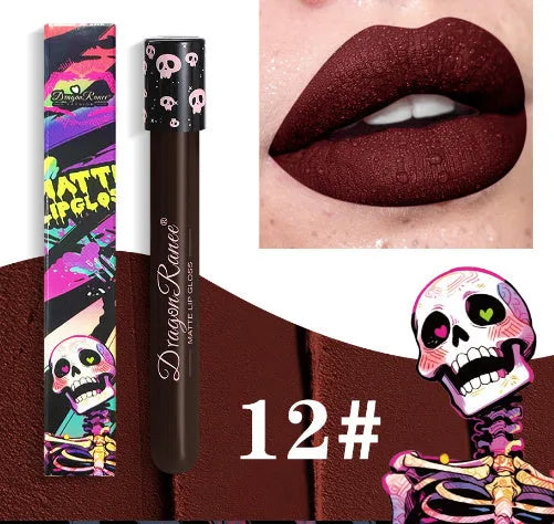Halloween creative makeup lip gloss in skull test tube packaging showing DR160 shade range