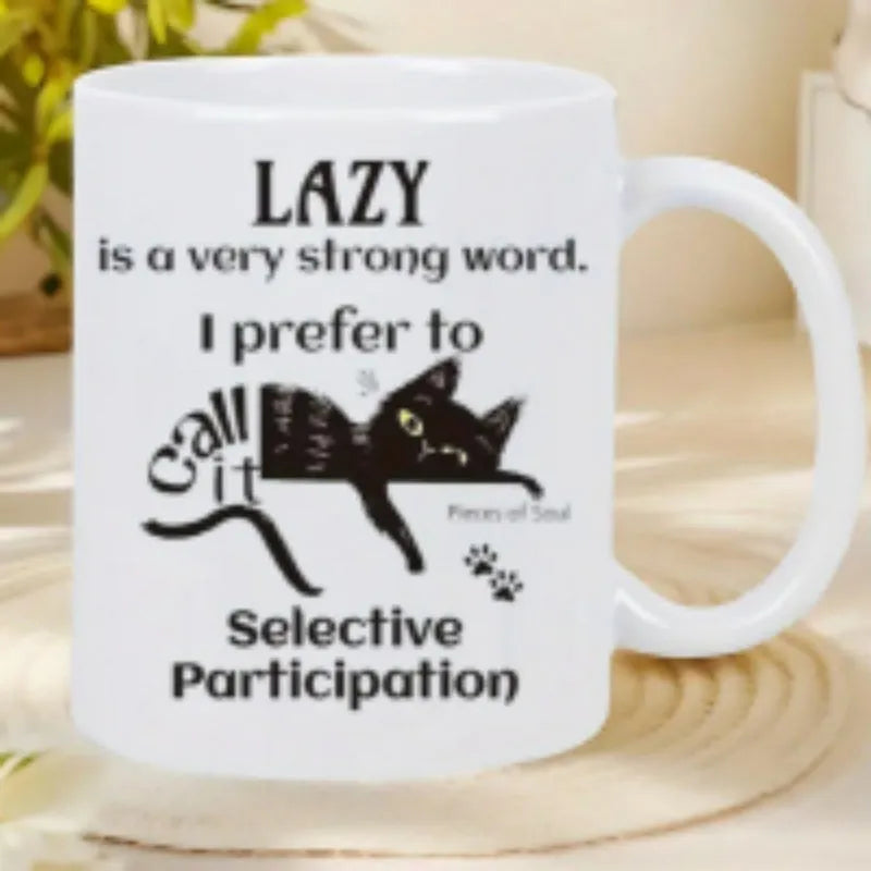 Ceramic thermal transfer mug with creative picture style design showing 11oz capacity markings