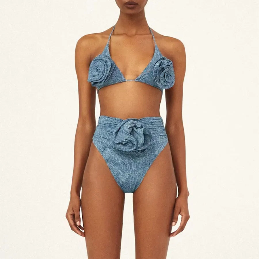 Women's one-shoulder hollow design flower decorative nylon swimsuit in soft cowboy style
