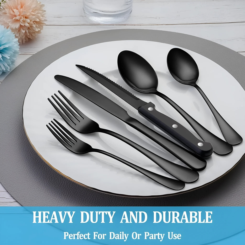 24-piece stainless steel tableware set in black, modern minimalist cutlery with mirror polish finish