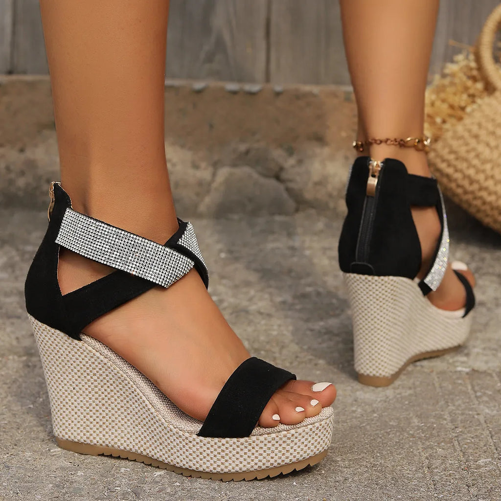 Women's black suede fish mouth high wedge platform sandals with rhinestone decoration
