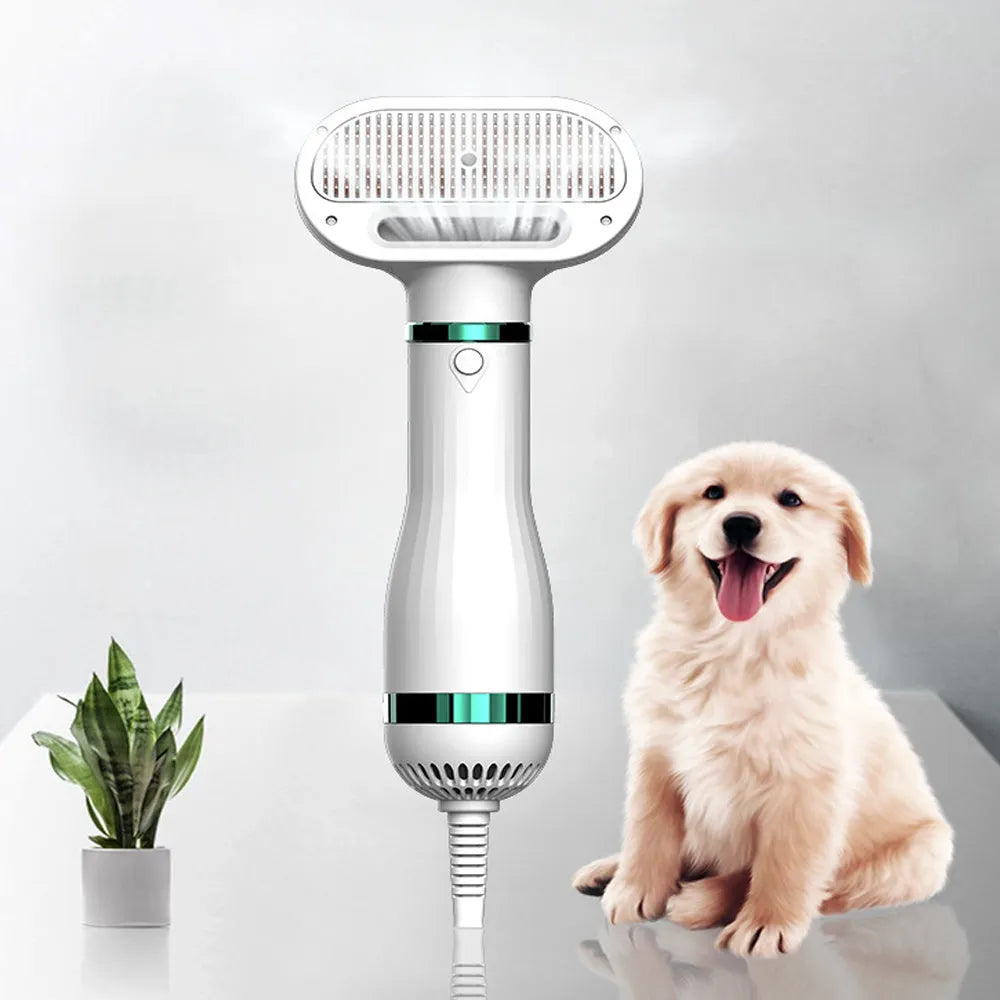 White 2-in-1 pet comb hair dryer with ergonomic handle and stainless steel needle comb