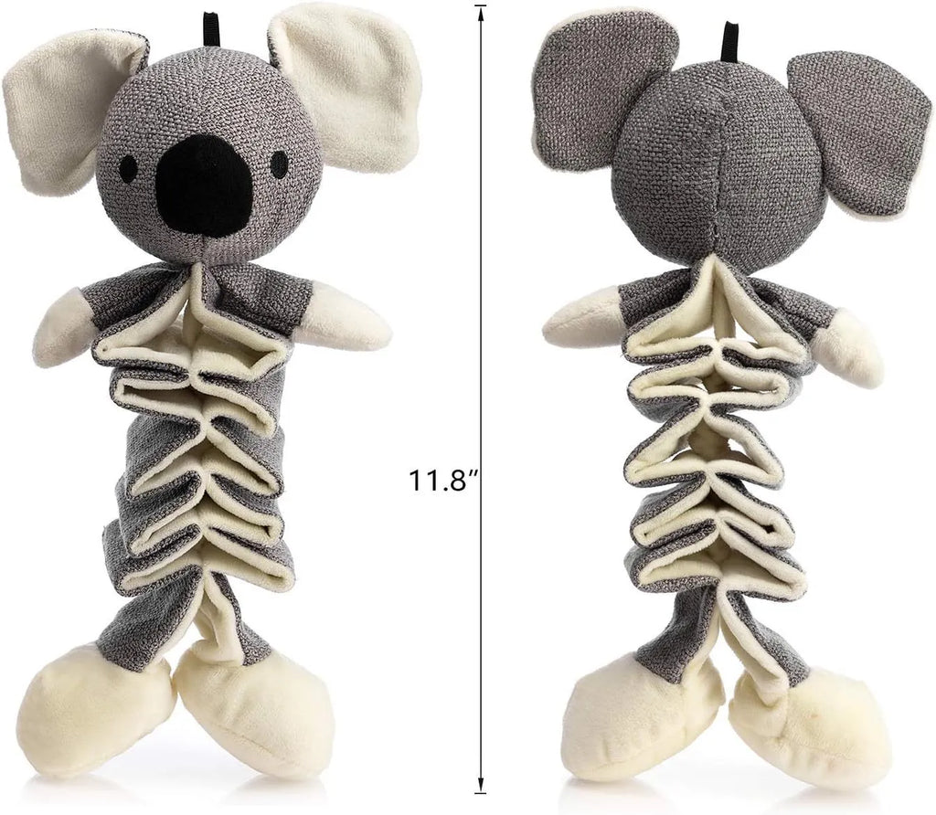 Grey koala dog plush squeaky toy with crinkle paper, measuring 30cm long.