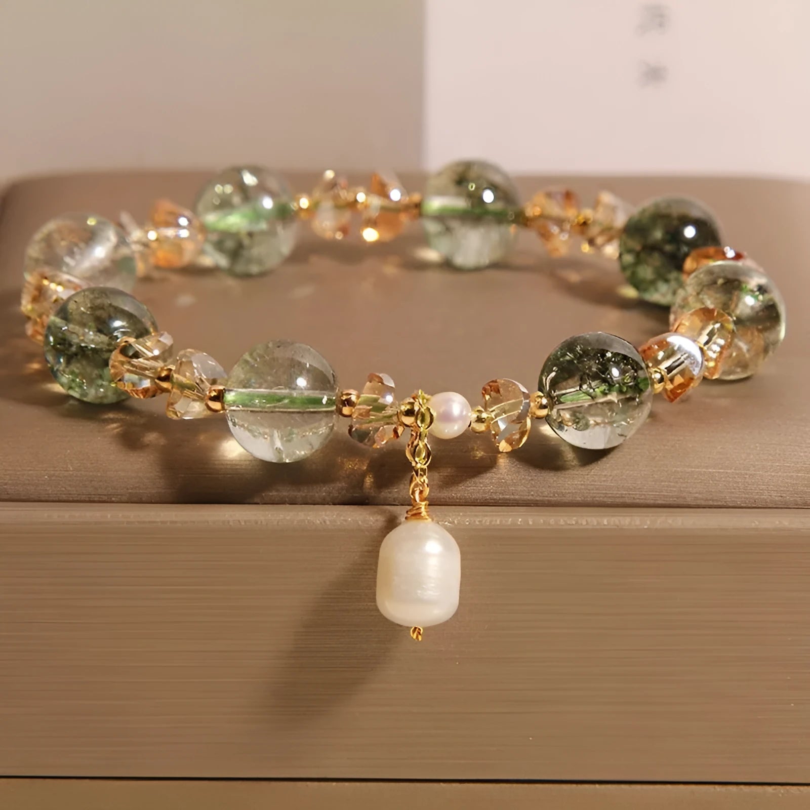 Women's natural chorite crystal bracelet with green phantom quartz beads in Japanese Korean minimalist style