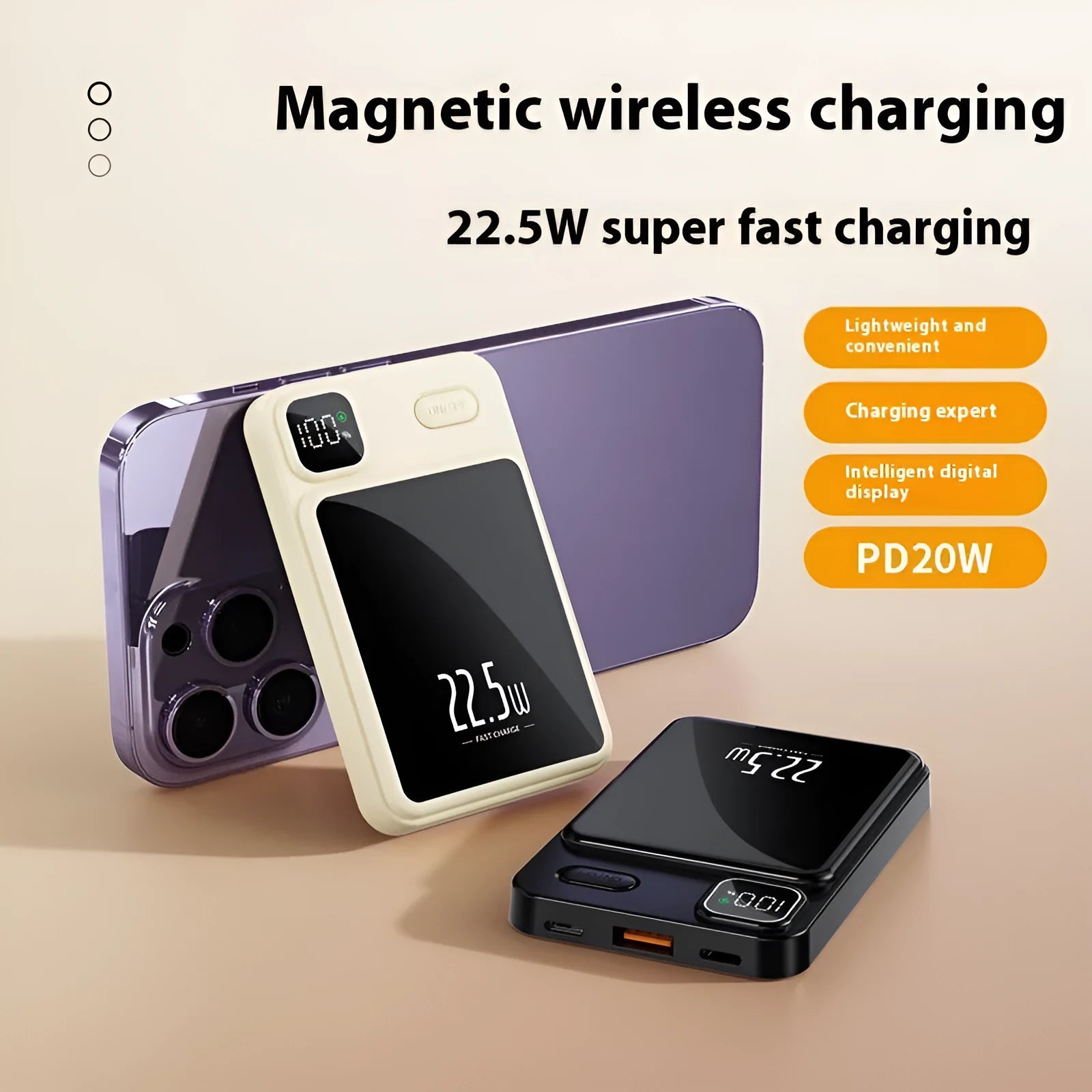 Lightweight PVC magnetic wireless 22W fast charge power bank 10000mAh with power percentage display in white