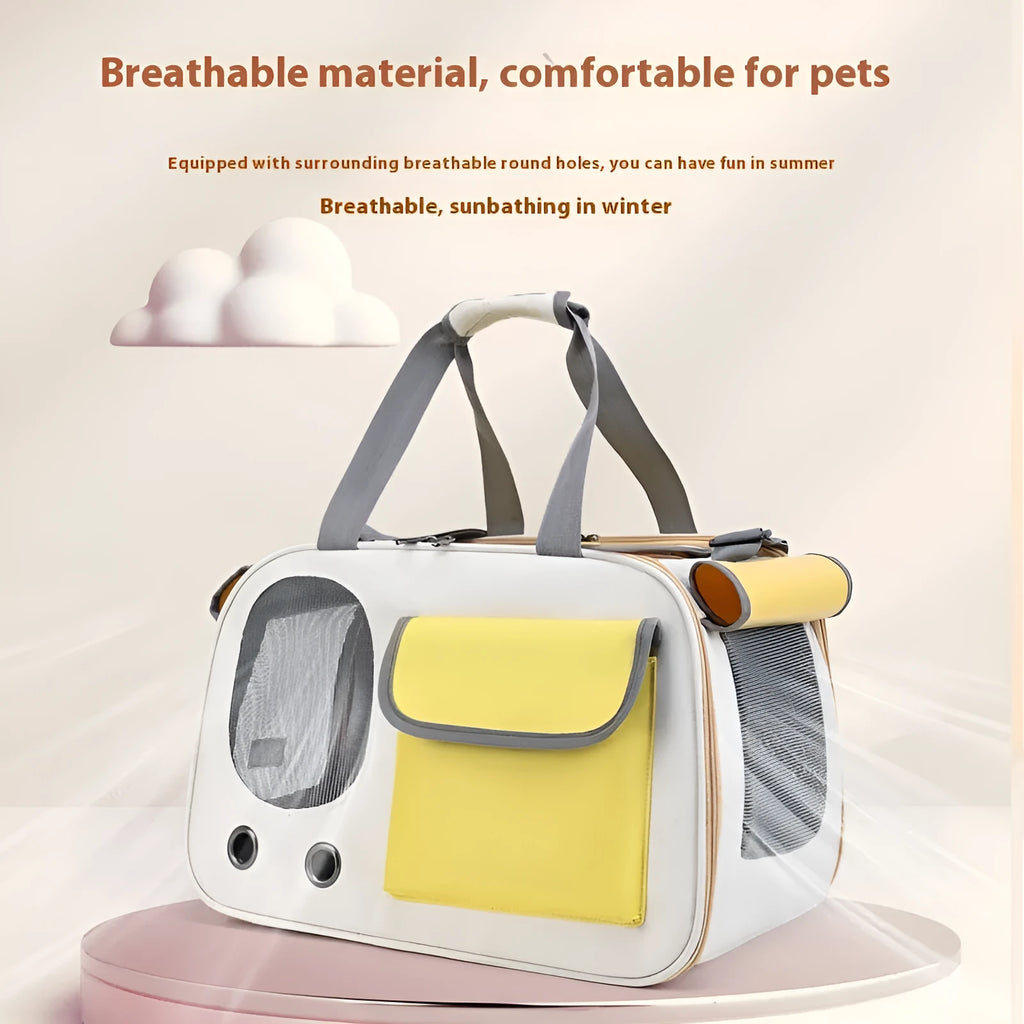 Large foldable canvas pet carrier bag in black, green, or yellow with a single shoulder strap.