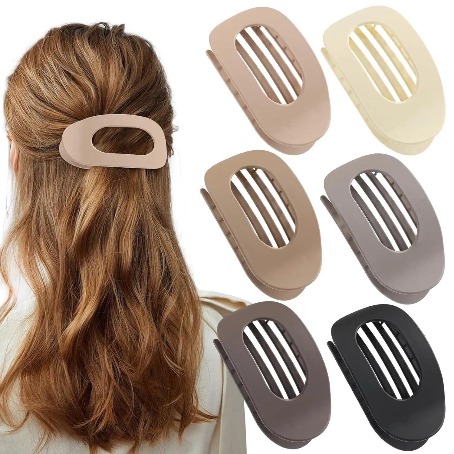 Six plastic hair clips with frosted grip texture and quadrilateral design in individual OPP bags