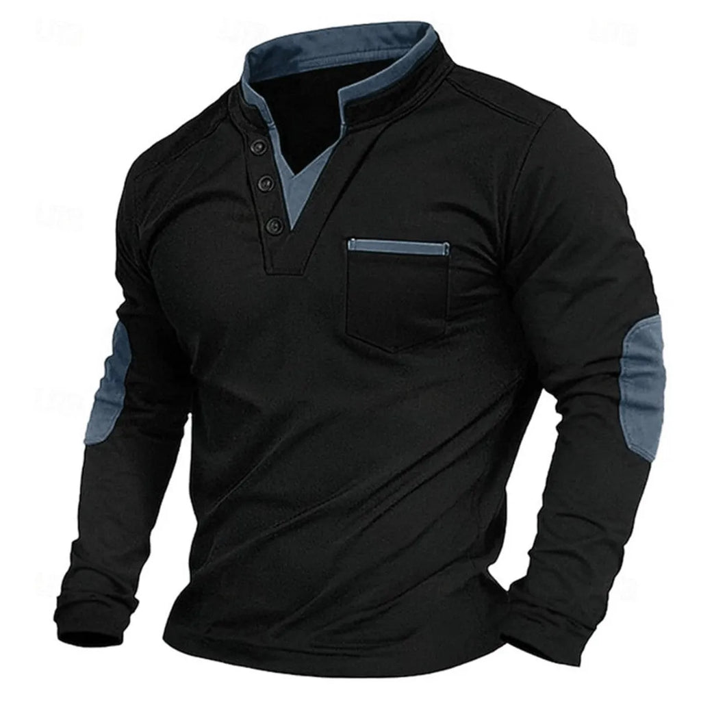 Men's stand collar long-sleeved stitching pullover sweater in solid colour chemical fibre blend