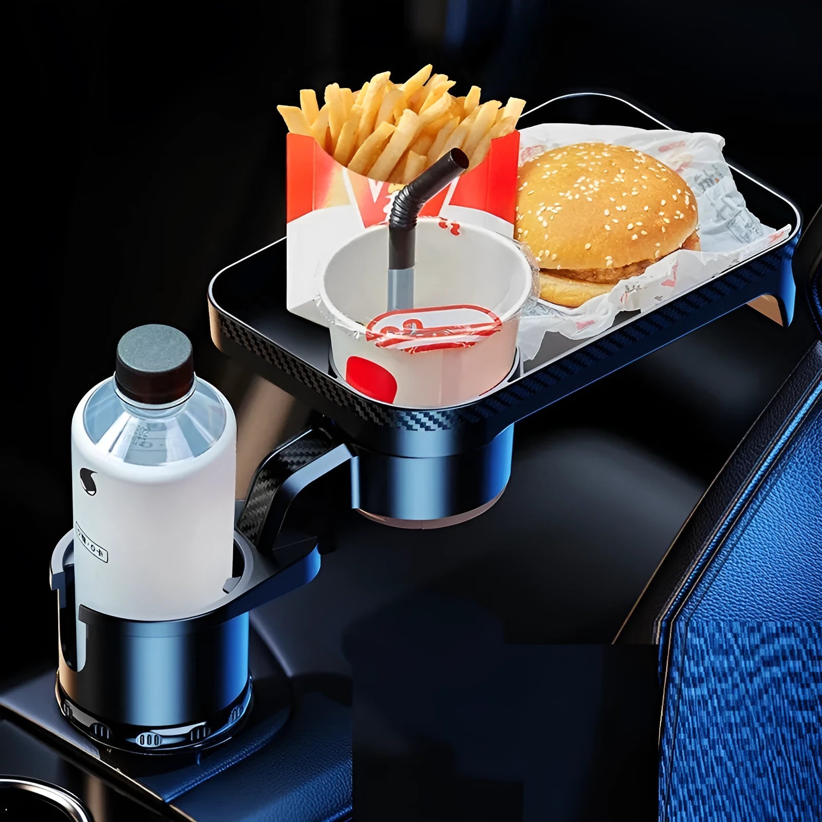 Black ABS plastic car cup holder with a 360-degree rotating base and an attached flat dinner plate.