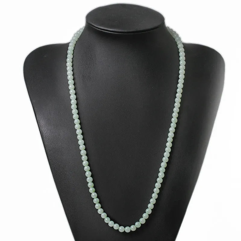 Natural jade bead necklace with white-green round beads on adjustable chain