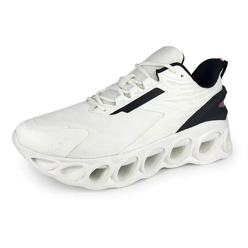 Breathable mesh men's casual sports shoes in black with white laces and a low-top EVA sole design.
