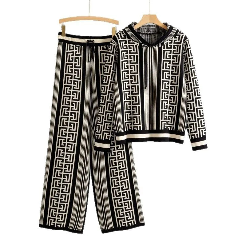 Women's casual knit suit set with hooded sweater top and wide-leg trousers in viscose fibre, available in khaki, black, rose red, and brown colours.