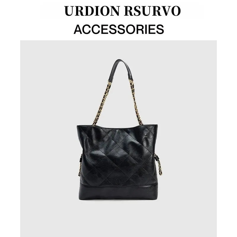 Large black PU shoulder handbag with diamond chain, vertical square shape, and double joint straps