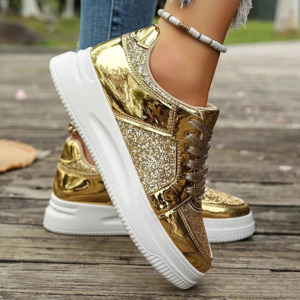 Women's fashion lace-up flat shoes with sequin design, round toe, thick bottom, in silver colour, on a plain background
