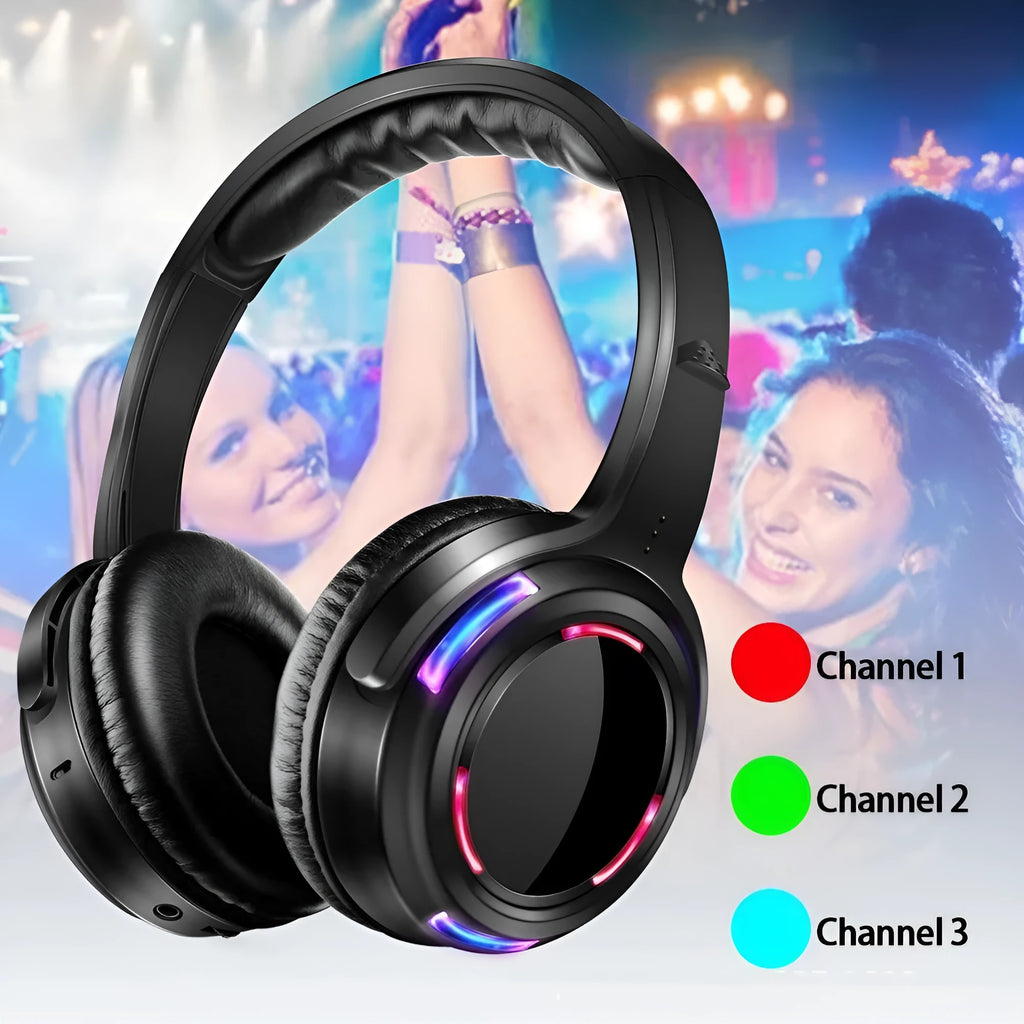 Black silent disco wireless headphones with head-mounted design and 3.5mm plug for event use