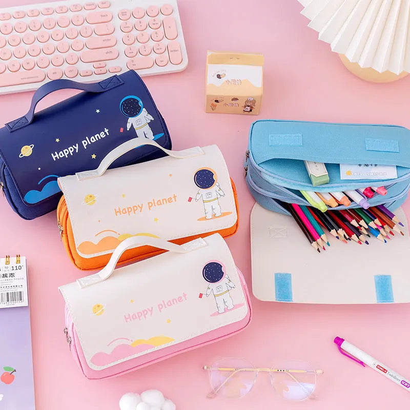 Large-capacity canvas pencil case with hand-painted cartoon pattern, flip-open design, 21x10cm size, available in blue colour