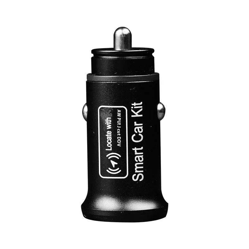 Black car GPS locator device plugged into a vehicle's 12V power socket for tracking.