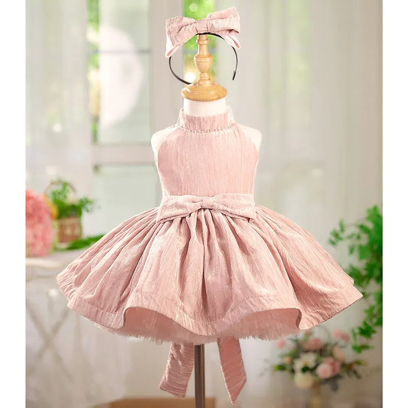 Girls pink halter pettiskirt dress for birthday parties, polyester lining, sizes 80cm to 160cm