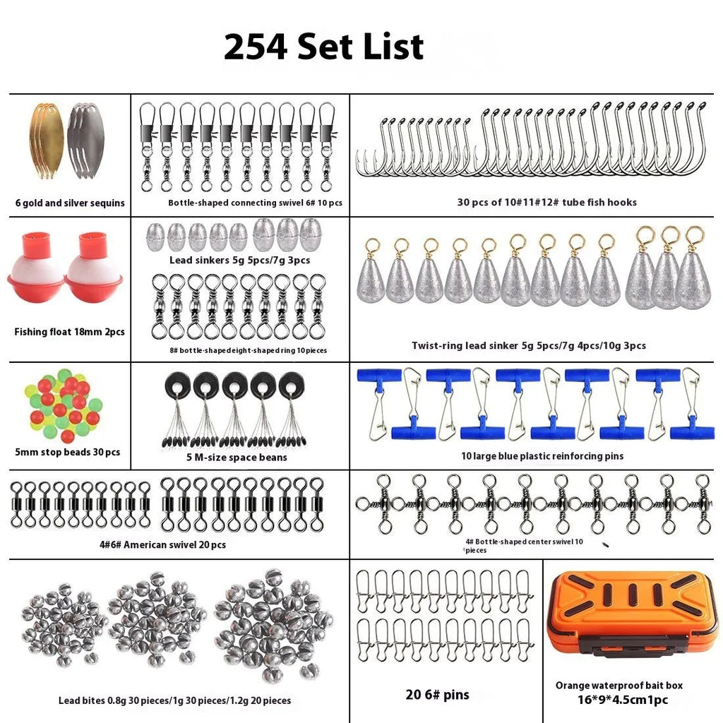 254 piece waterproof rock fishing accessories combination suit in ABS and lead carbon steel for shore angling