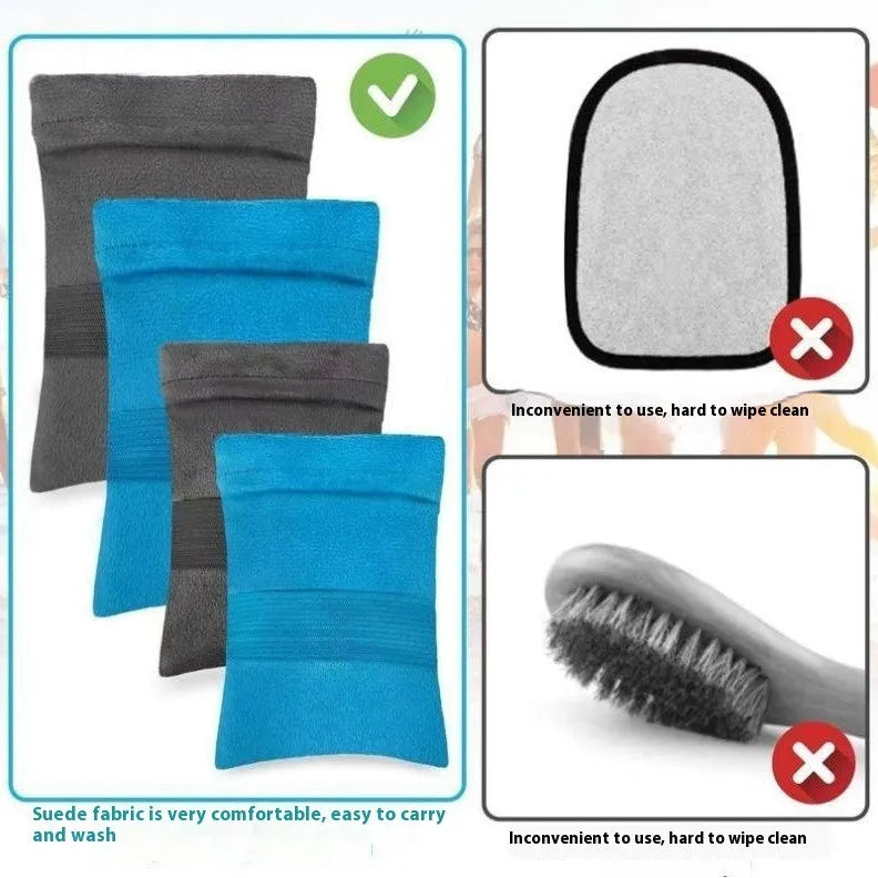 Reusable beach sand remover towel made of coral fleece in blue colour showing size 14x12cm