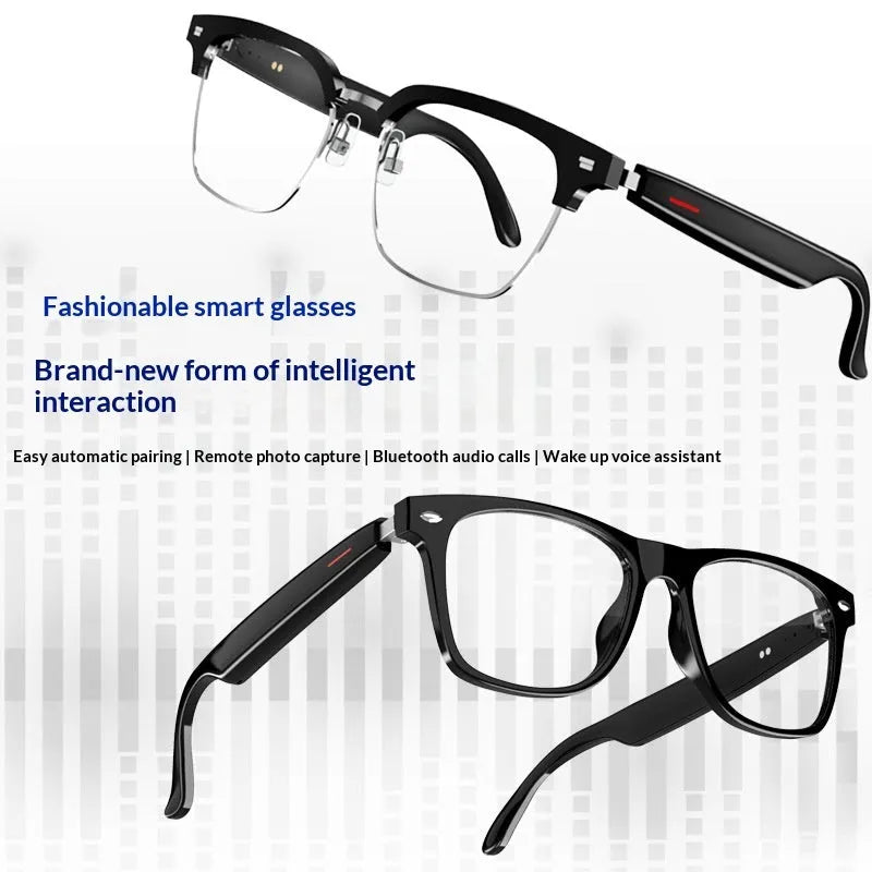 White transparent Bluetooth blue light blocking glasses with touch controls and PC frame