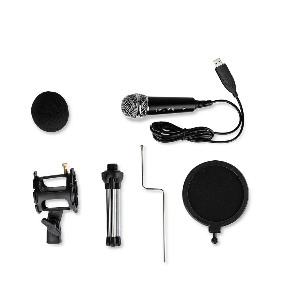 Black desktop omnidirectional microphone with metal mesh grille and 2m cable on a desk