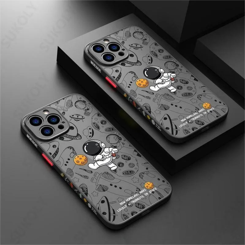 Astronaut moon cartoon iPhone TPU back cover in black, blue, dark night green or football colour