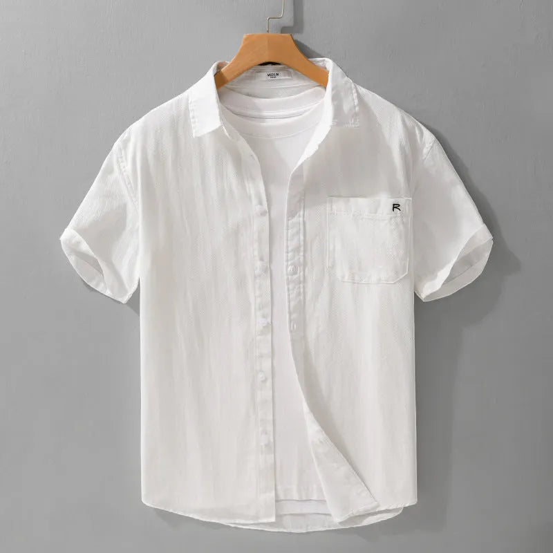 Men's loose fit pure cotton short sleeve summer shirt in light khaki colour