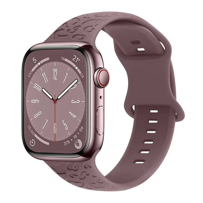 Leopard print silicone watch strap with 8-word buckle for Apple Watch 38mm to 49mm case sizes