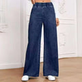 Light blue washed wide-leg denim jeans with straight-leg cut and mid-waist design