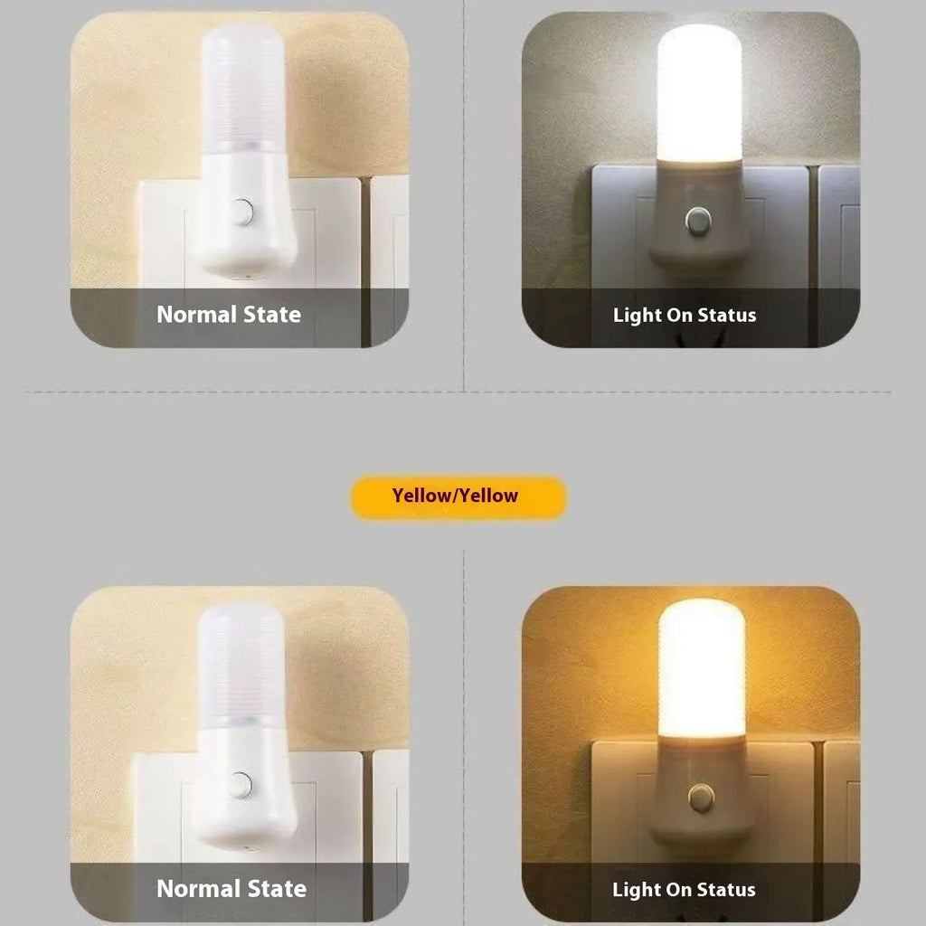 Minimalist white plug-in bedside night light with compact dimensions installed in wall socket
