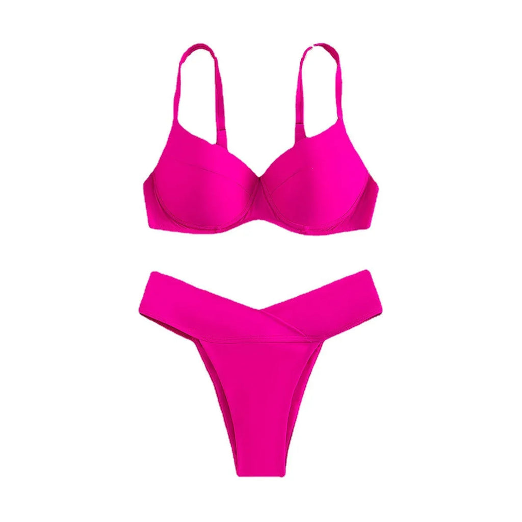 Solid colour nylon bikini swimsuit with briefs style and sleeveless top on a mannequin