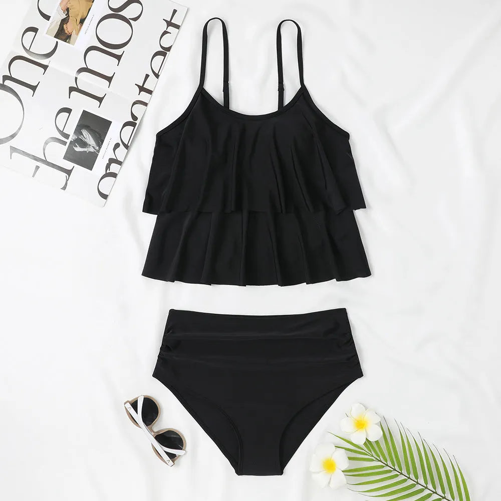 Black and floral print high-waisted women's swimsuit with a double-layer brief.