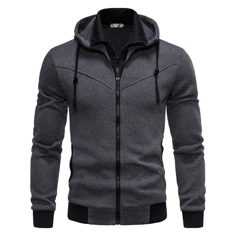 Sports Leisure Color-block Hooded Jacket in black slim fit polyester cardigan style