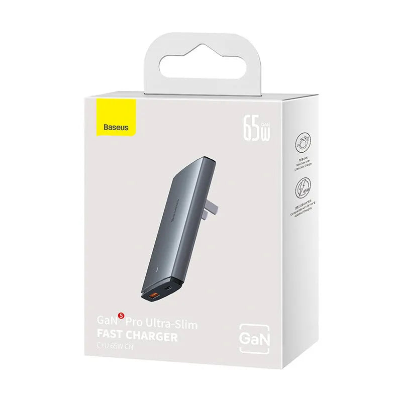 Moon shadow grey 65W GaN fast charger with Type-C cable on a desk