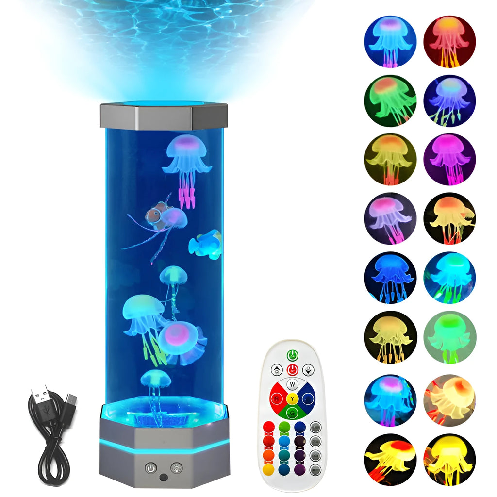 Jellyfish lava lamp 15 inch with 17 colour remote control and USB plug-in, shown in black or silver.