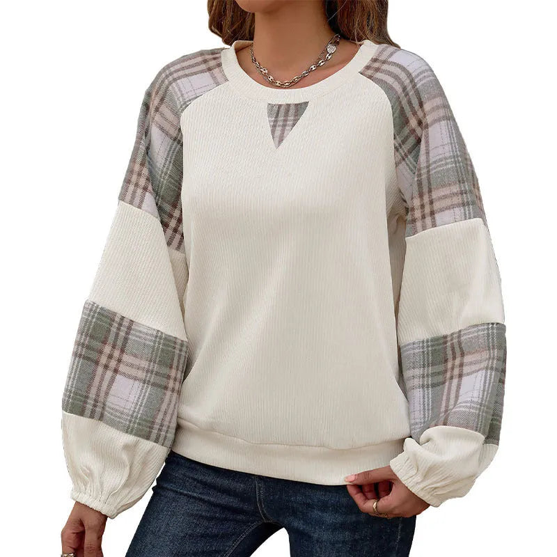 Loose plaid colorblock round neck sweater in apricot polyester pullover with long sleeves