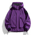 Men's black waterproof windproof hooded jacket with long sleeves on a hanger.