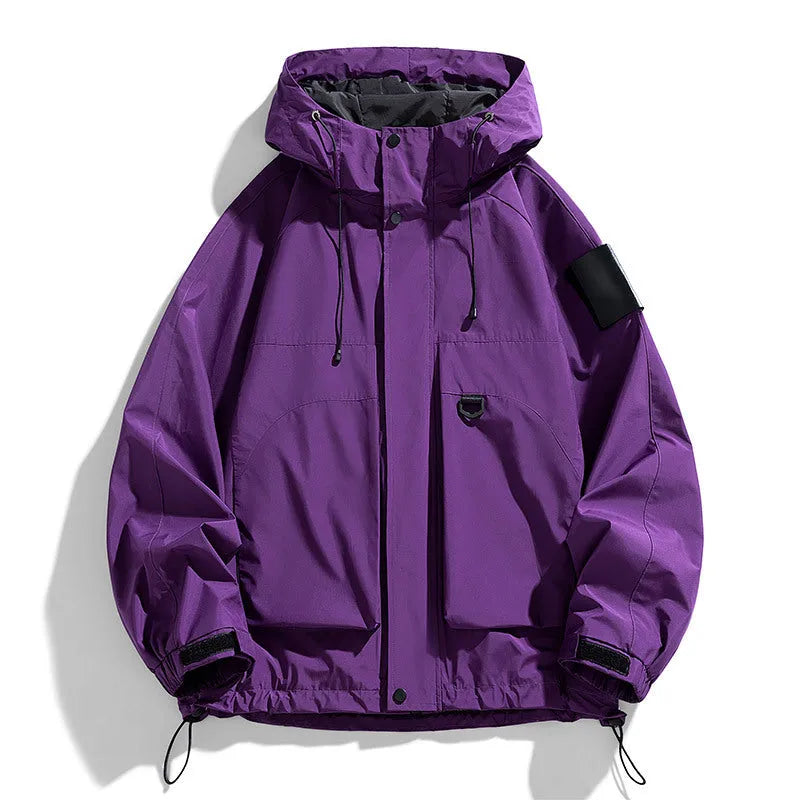 Men's black waterproof windproof hooded jacket with long sleeves on a hanger.