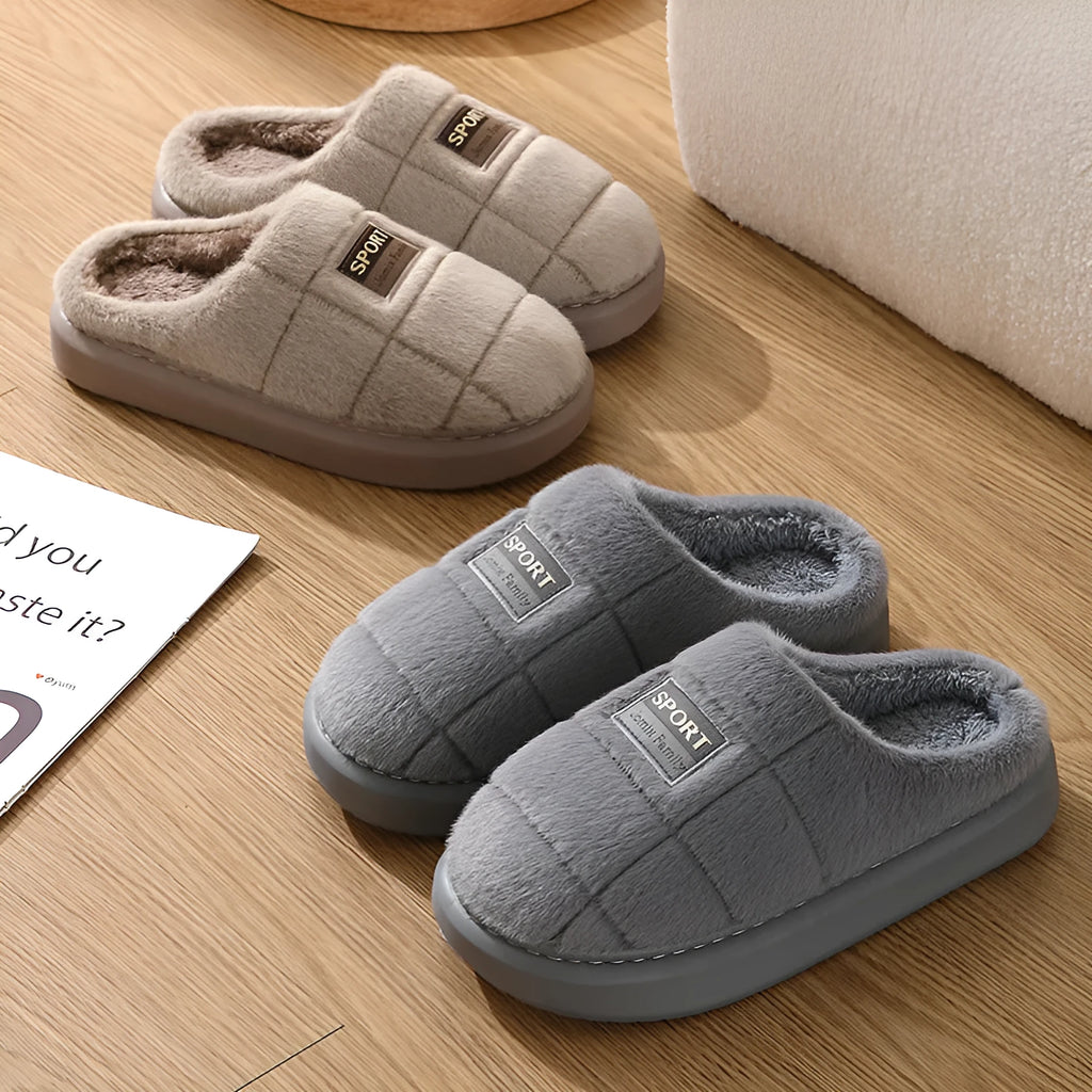 Men's grey and brown plaid rabbit hair slippers with a thick wool lining and EVA sole.