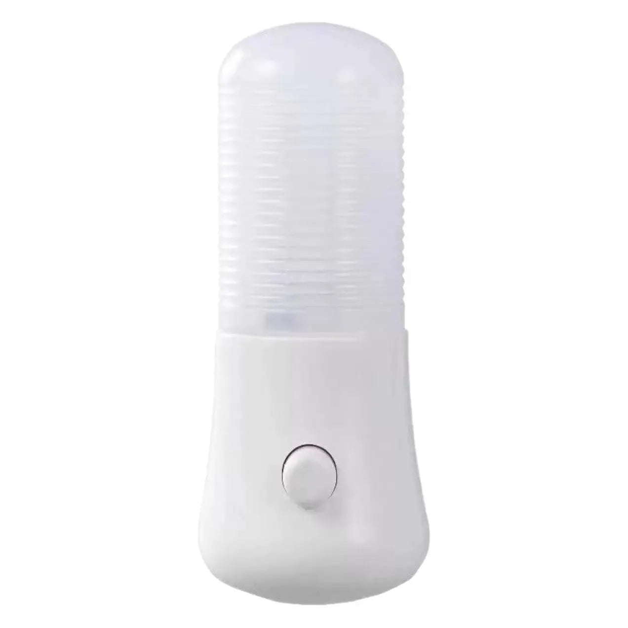 Minimalist white plug-in bedside night light with compact dimensions installed in wall socket