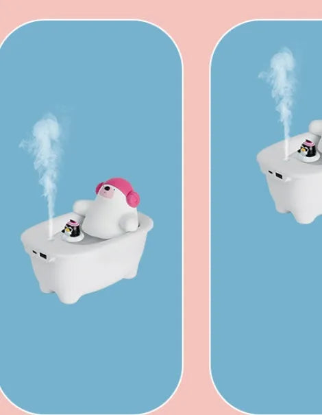 White USB air humidifier with 550ml water tank showing mist output and control buttons