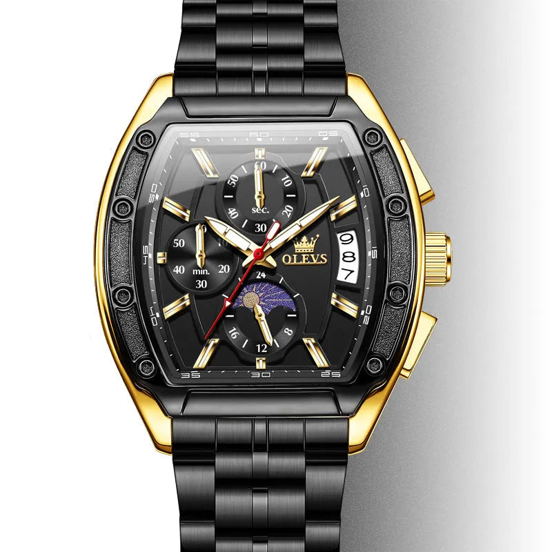 Men's steel belt quartz watch with blue dial, luminous hands, moon phase, and calendar