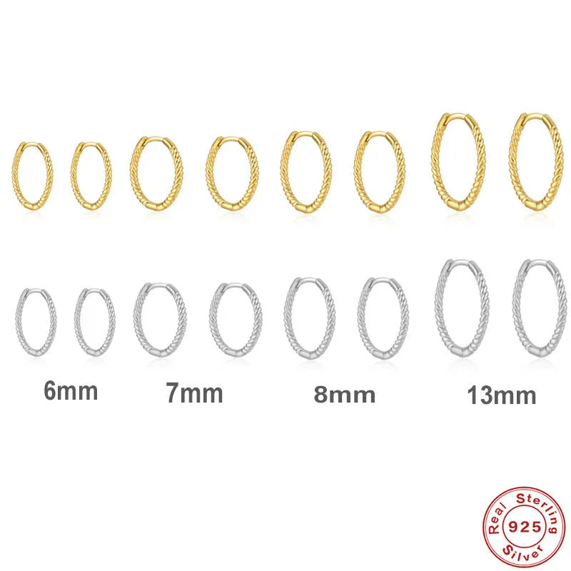 S925 sterling silver twisted string round ring earrings in gold or platinum colours, available in 6mm 7mm 8mm 13mm sizes