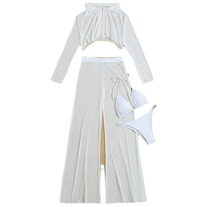 White women's four-piece swimsuit set showing top, high-waist trousers, bra and panties