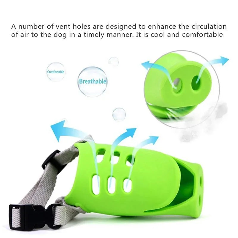Silicone anti-bite mouth cover for dogs and piggies with long snouts in blue and green colours