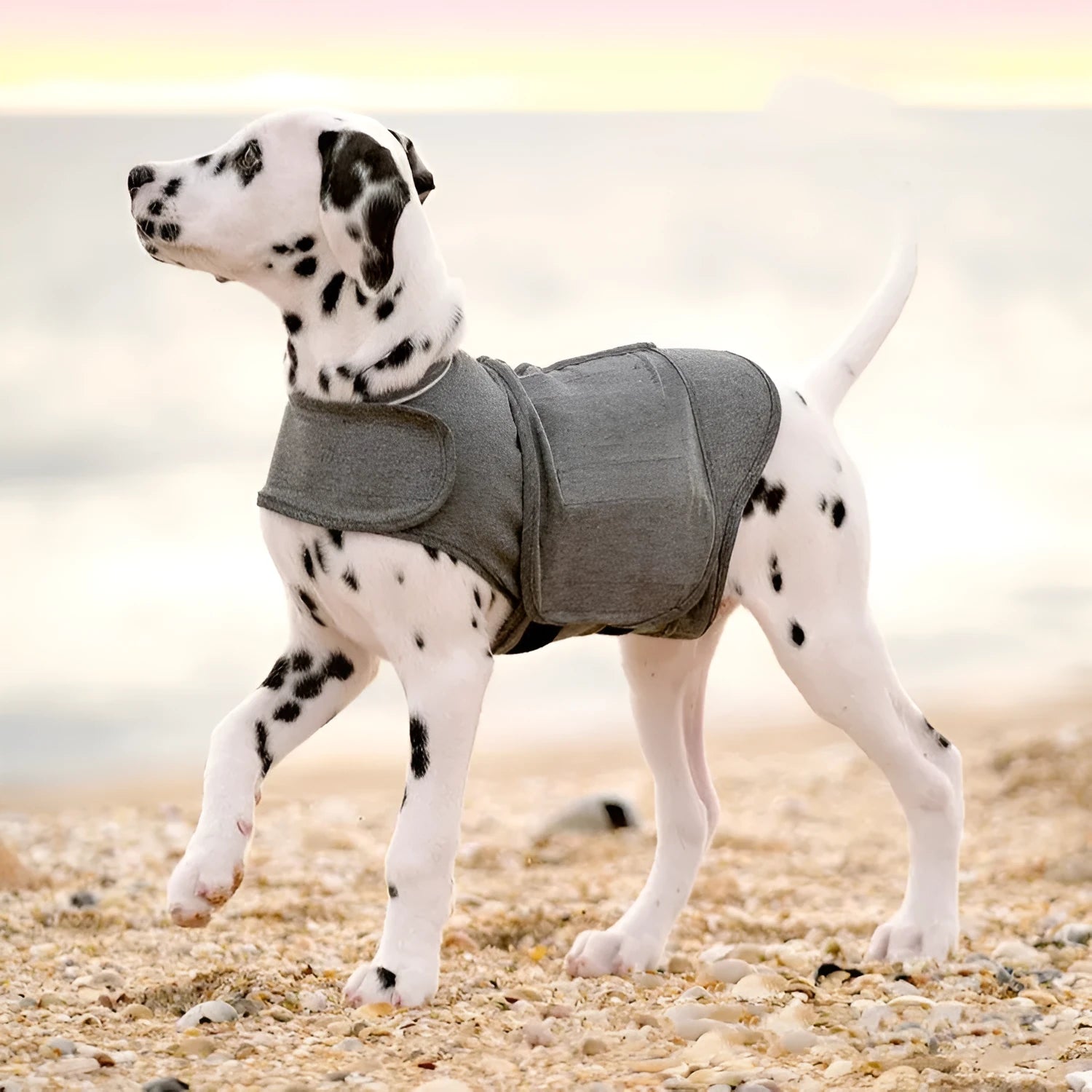 Heather grey dog anxiety jacket made from soft brocade cotton fabric on a medium-sized dog.