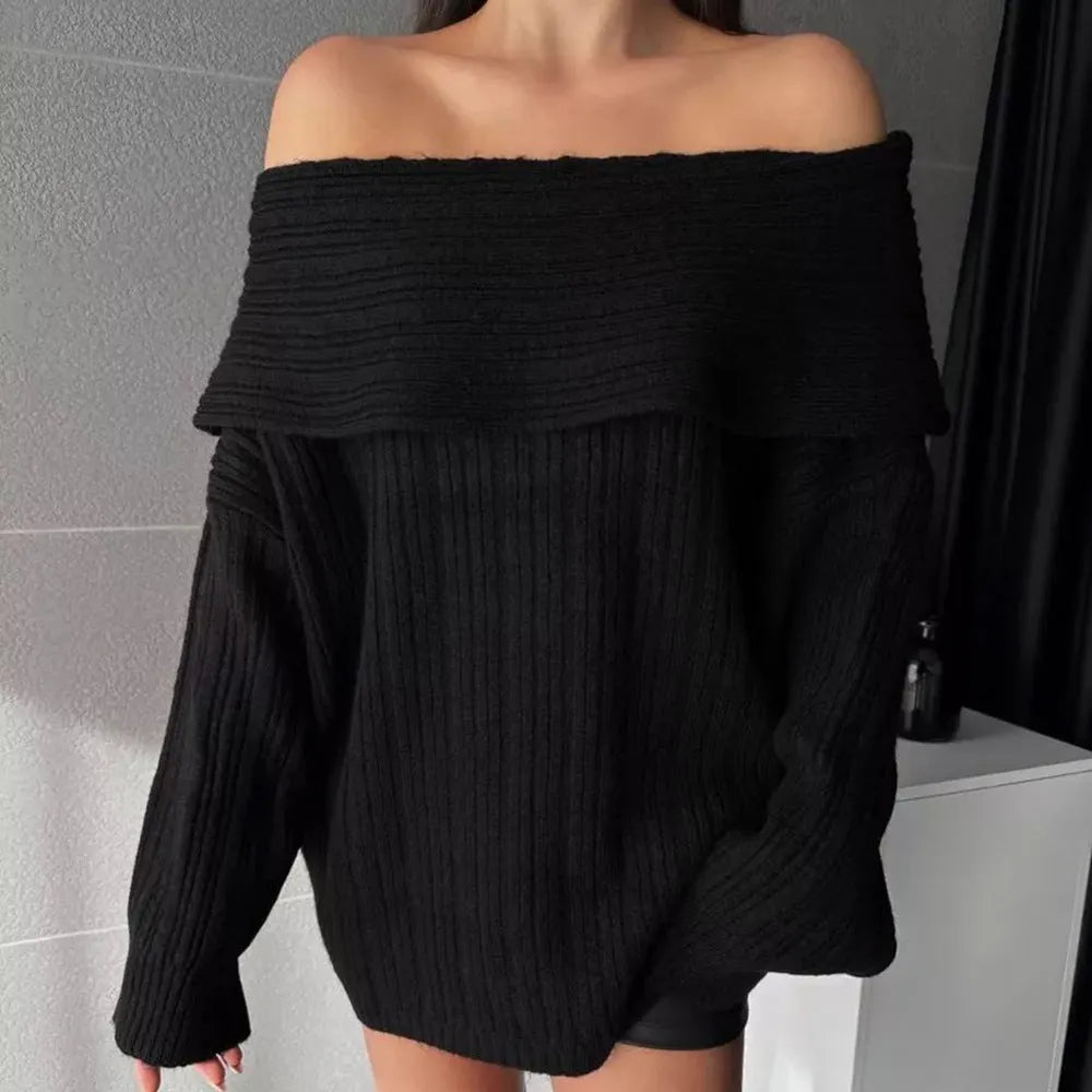 Women's loose-fitting off-neck pullover sweater in acrylic fibre, shown in black, white, khaki, or red.