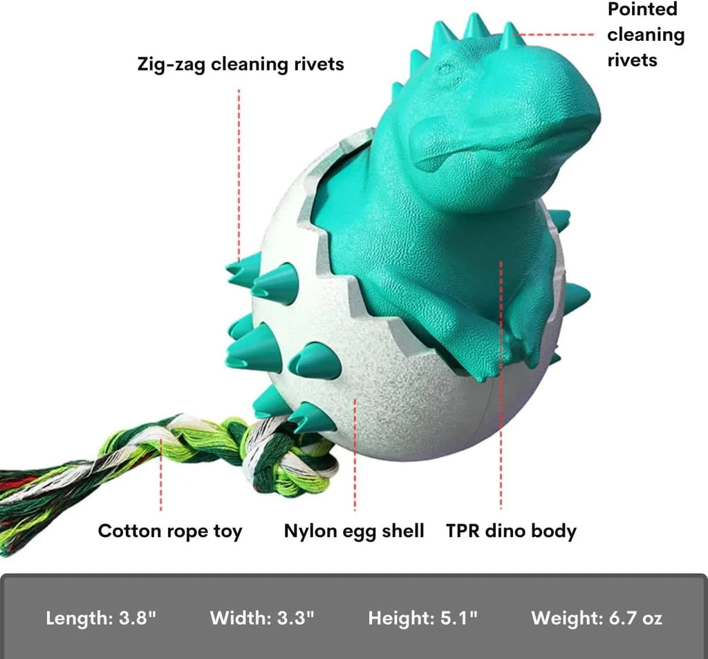 Blue dinosaur-shaped dog chew toy with textured rubber body and green nylon rope tails.